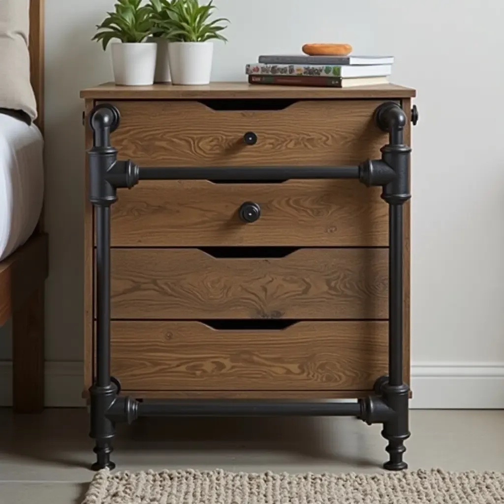 a photo of an industrial-style nightstand with exposed pipes