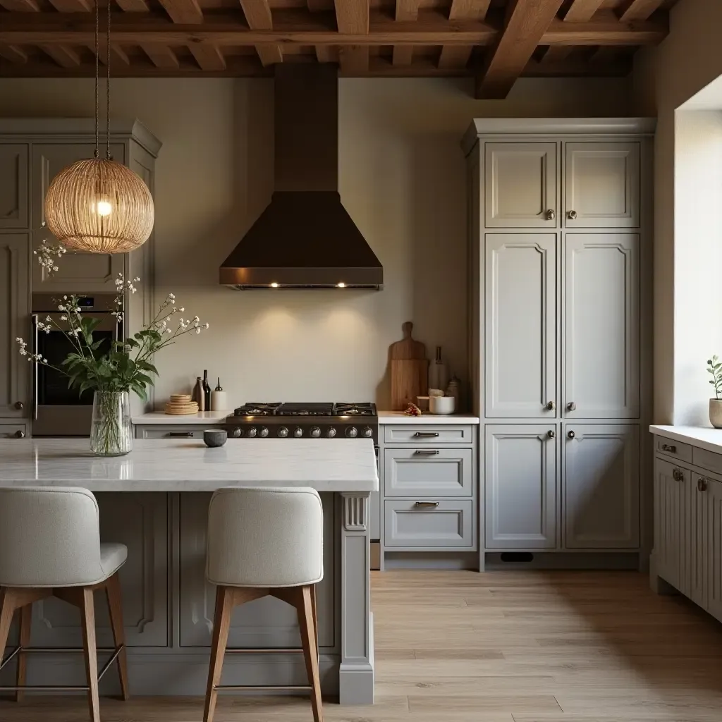 a photo of a rustic kitchen with glamorous touches like crystal handles