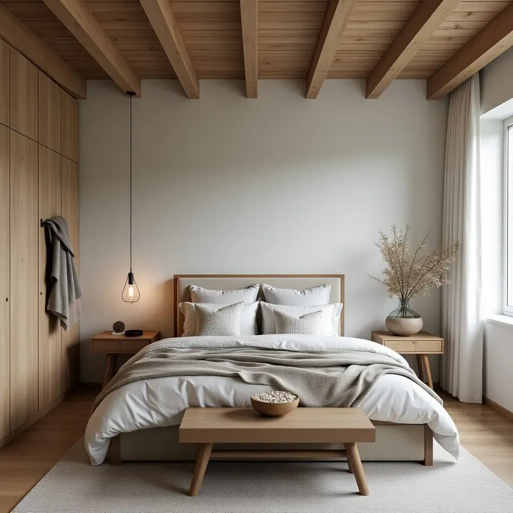 a photo of a Scandinavian-inspired bedroom with a blend of modern and rustic elements