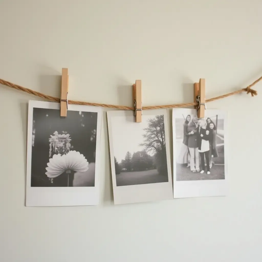 a photo of a vintage-style photo display using wooden clips and twine