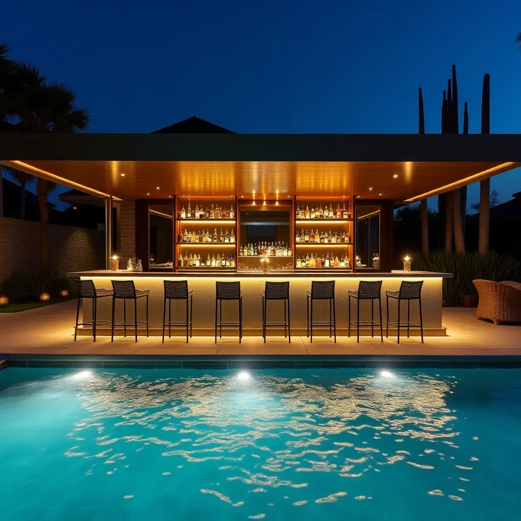 a photo of a contemporary poolside bar with metallic finishes and ambient lighting