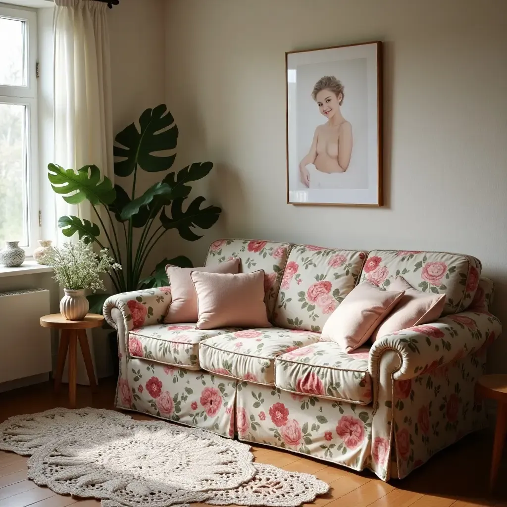 a photo of a cozy living room with a floral sofa and lace doilies