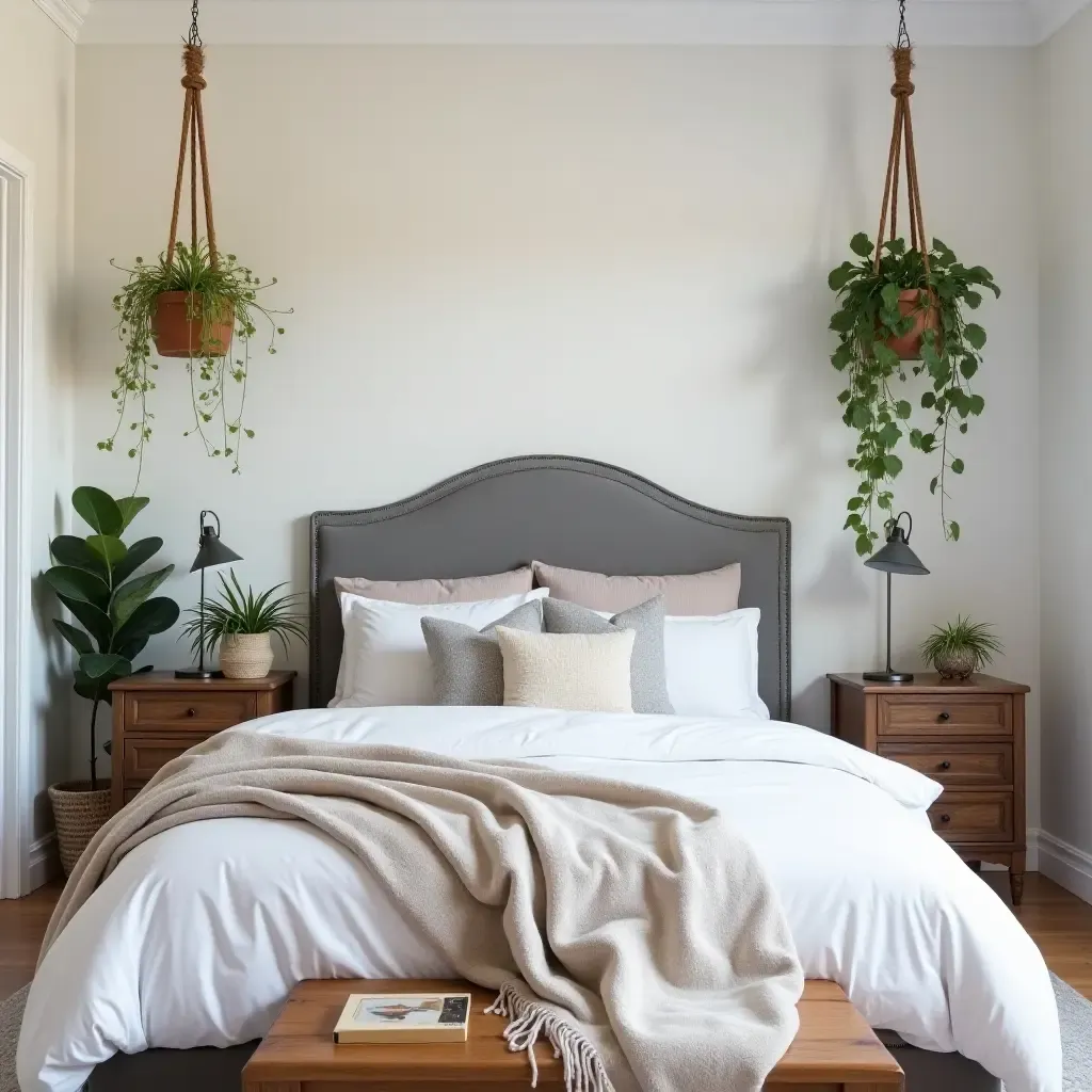 a photo of a bohemian-style bedroom with a grey headboard and hanging plants