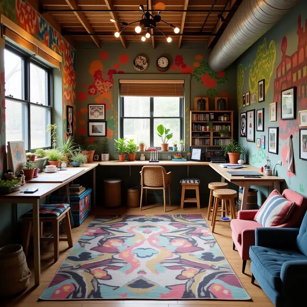 a photo of a whimsical basement art studio with vibrant murals and eclectic decor