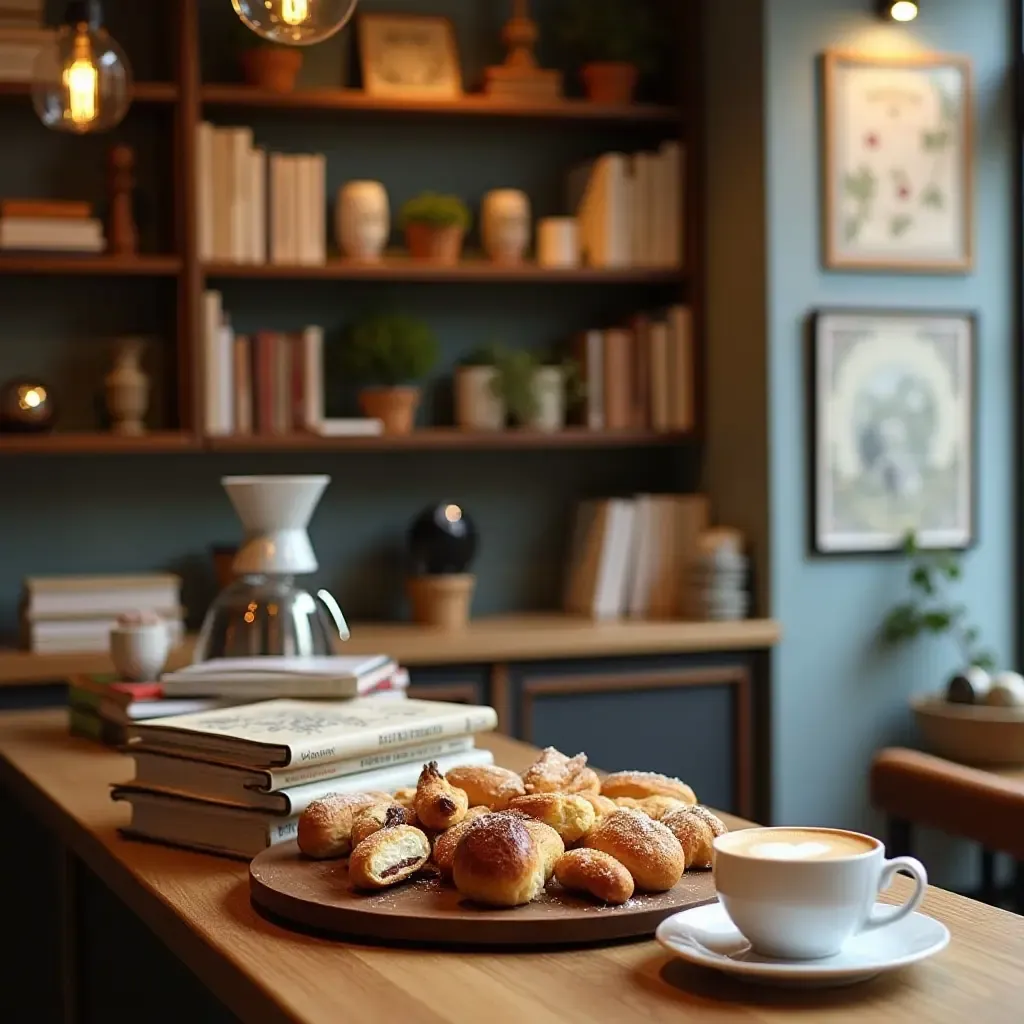 a photo of a charming coffee station with books and pastries