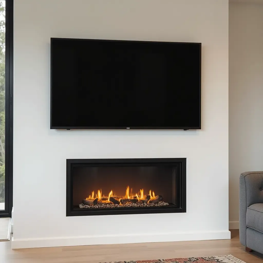 a photo of a corner TV integrated into a modern fireplace setup