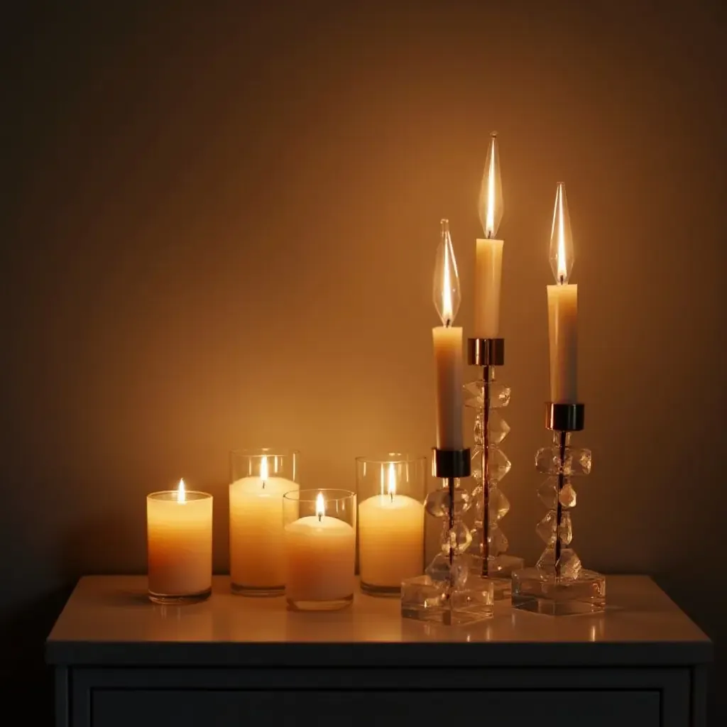 a photo of a nightstand adorned with candles and crystals