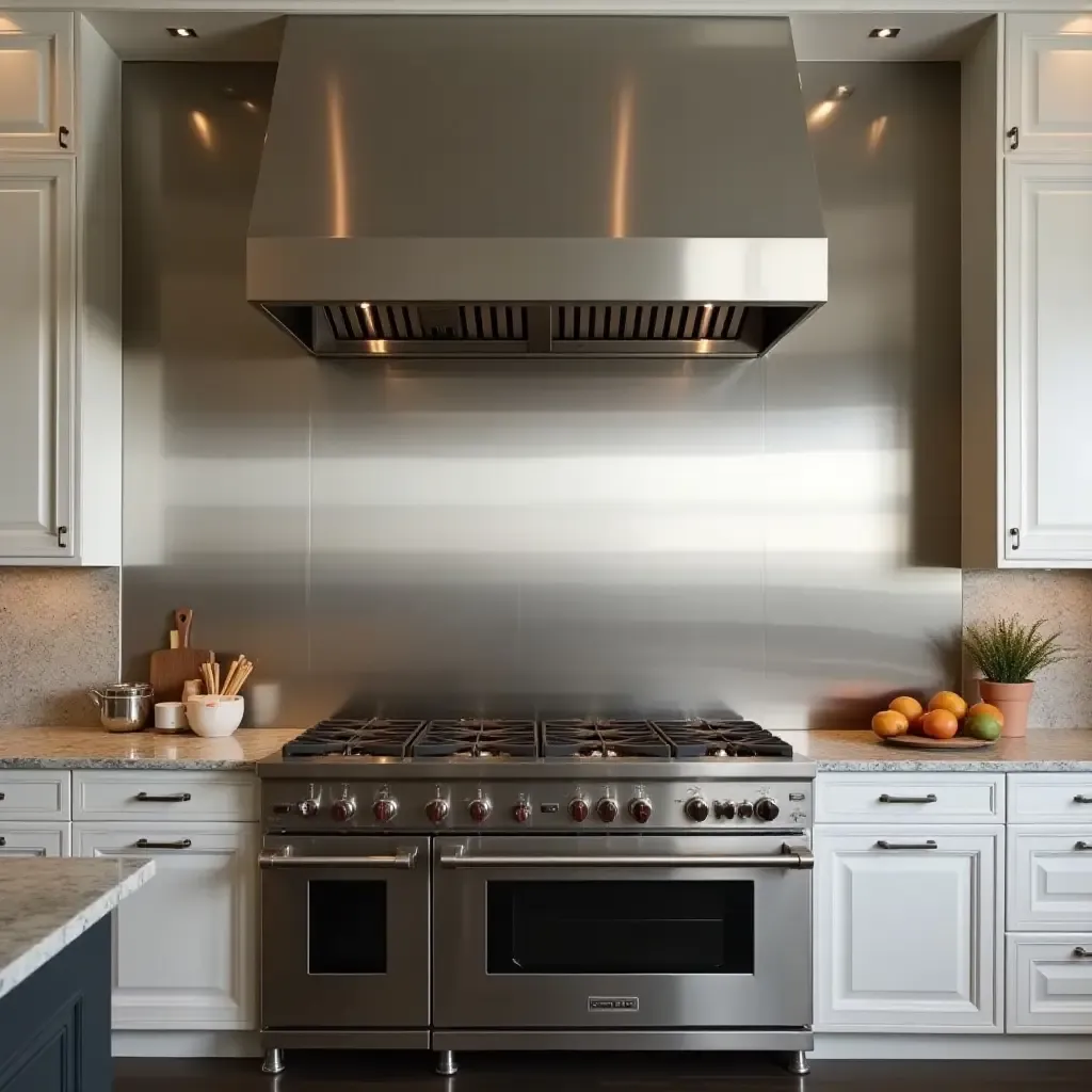 a photo of a stainless steel backsplash adding a modern touch to a chef&#x27;s kitchen