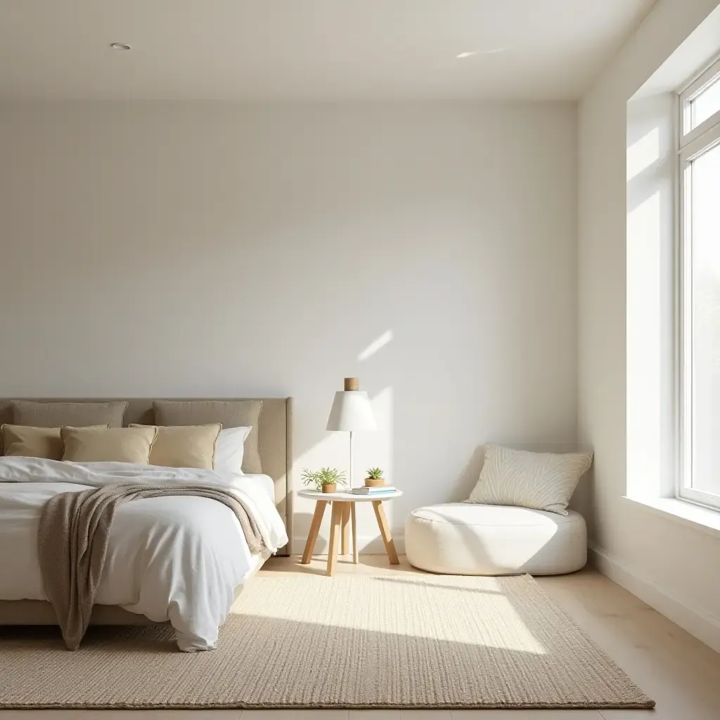 a photo of a soothing, natural fiber rug in a calming basement retreat