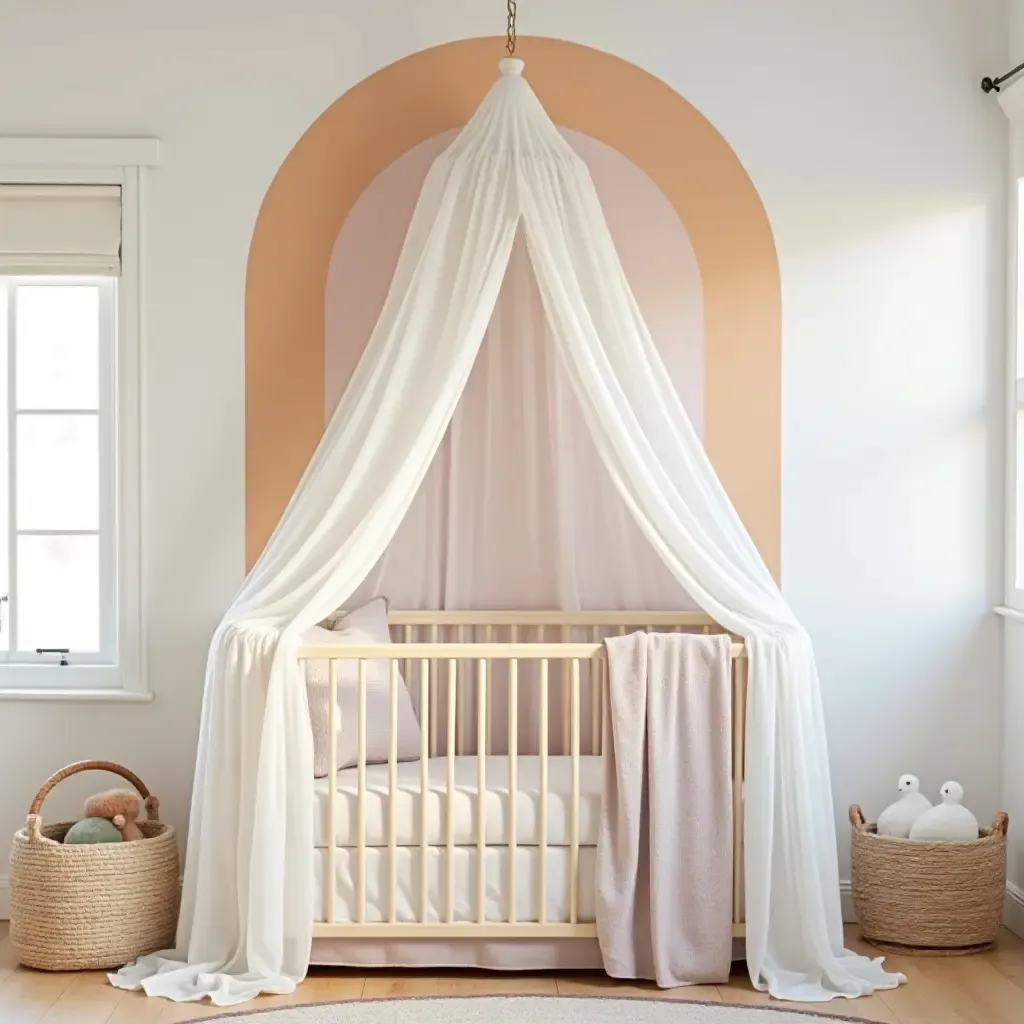 a photo of a playful nursery featuring a rainbow canopy above a crib