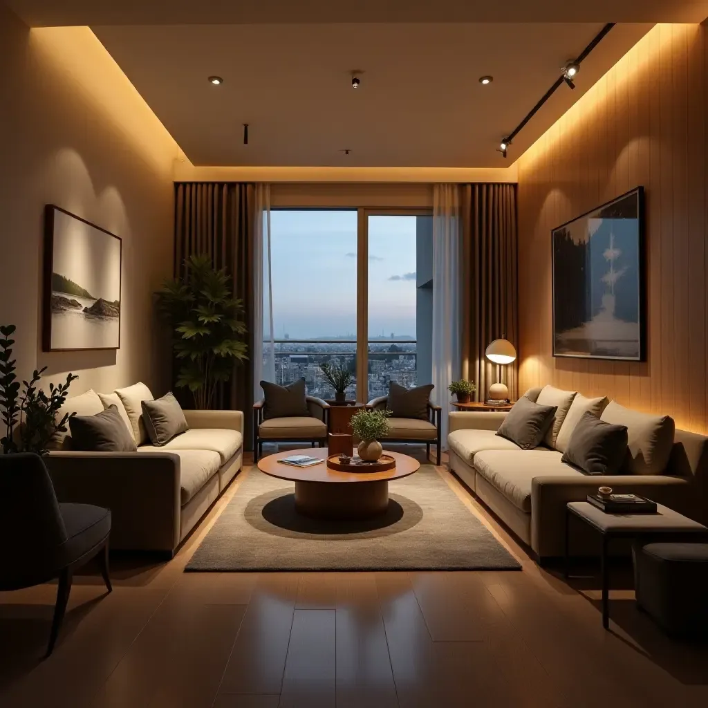 a photo of a small living room with layered lighting solutions