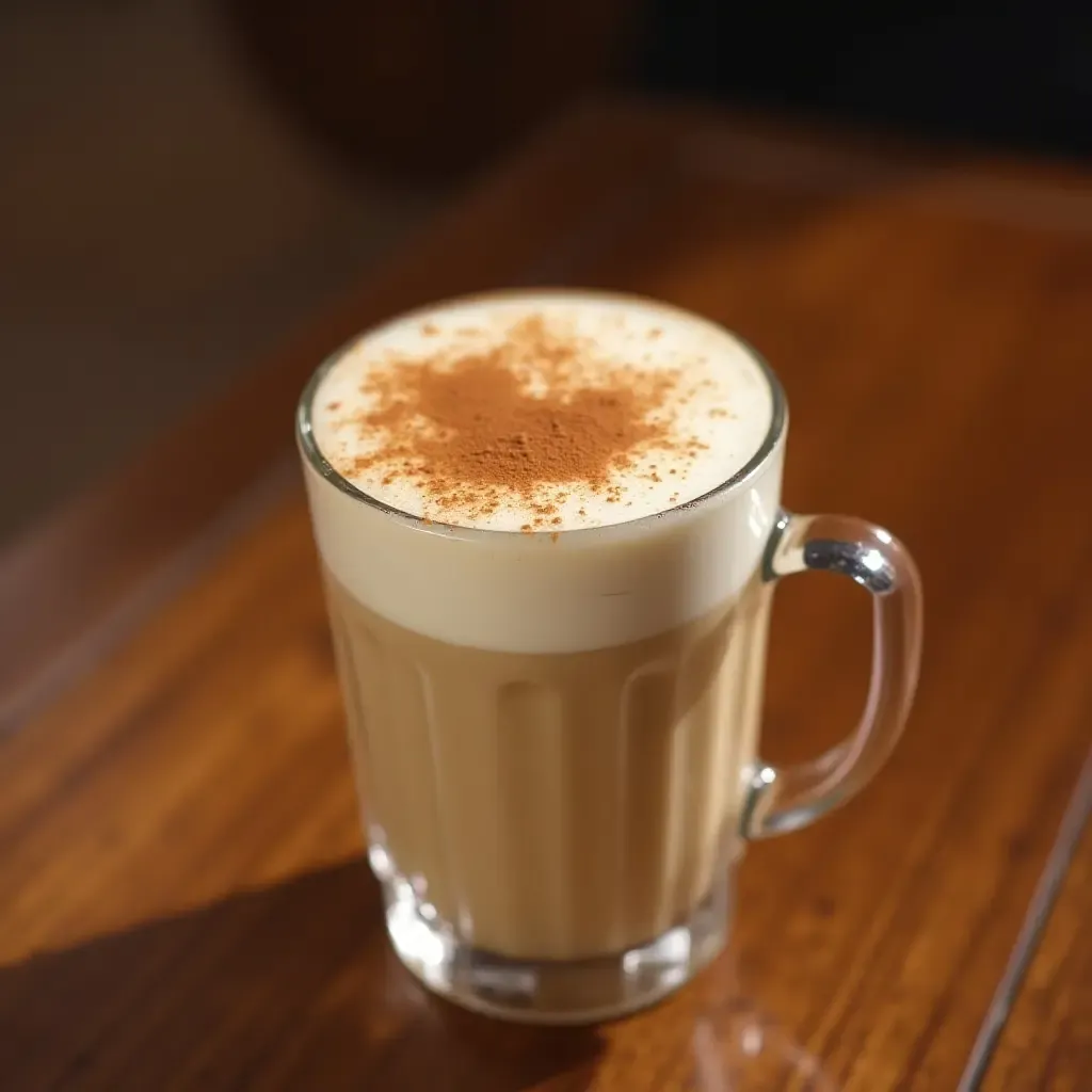 a photo of a frothy glass of leche merengada with cinnamon dusting in a traditional Spanish café.