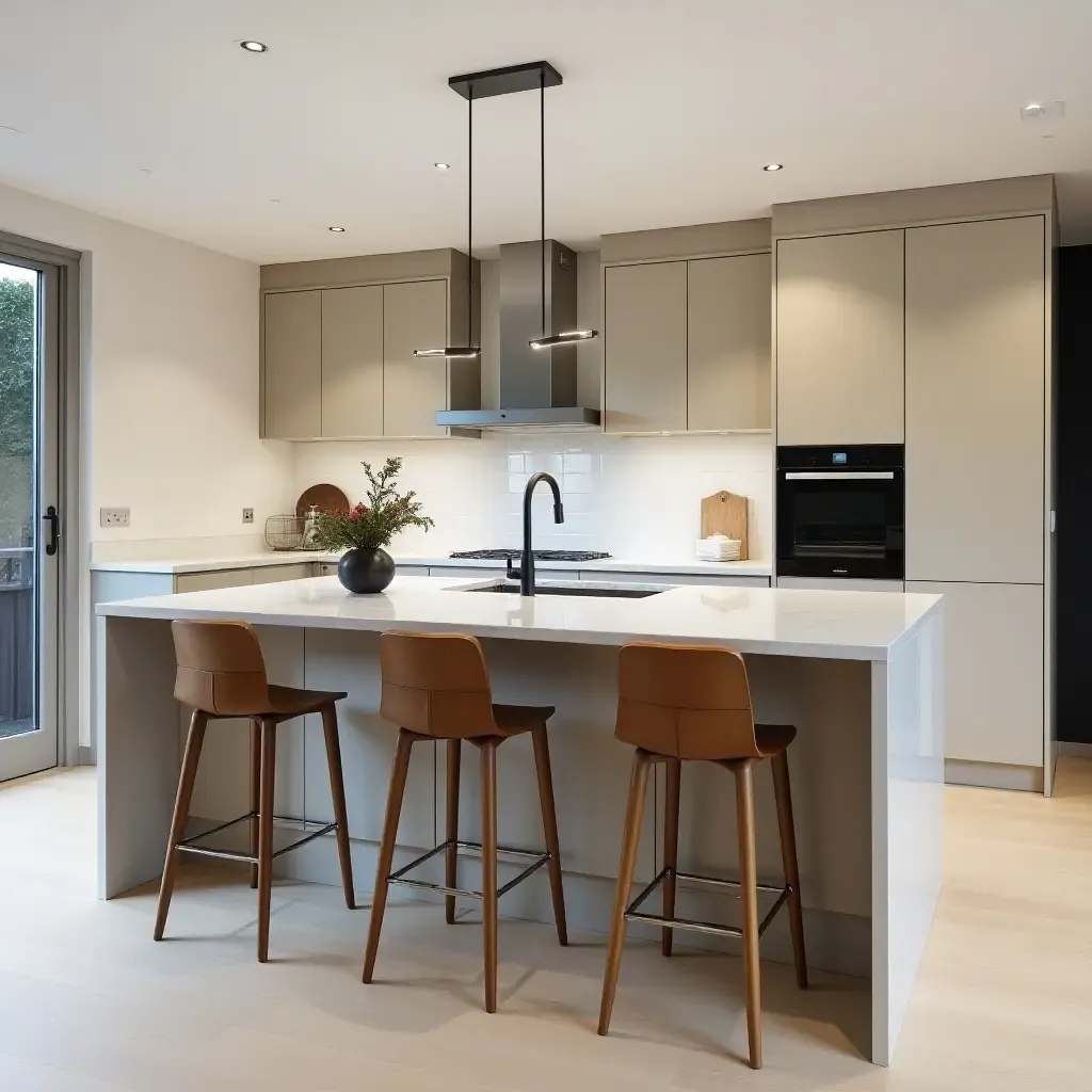 a photo of a contemporary kitchen island with hidden storage and chic bar stools