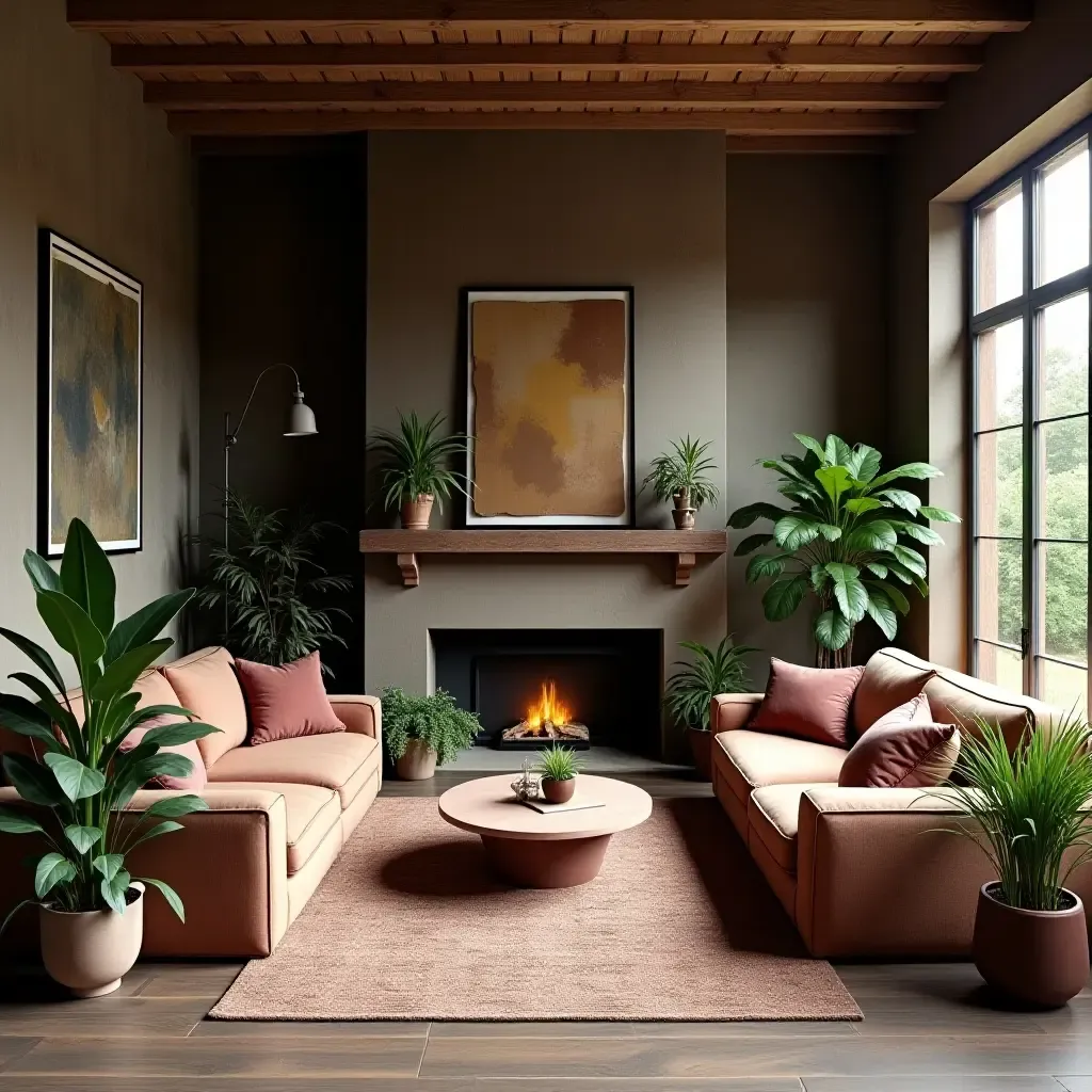 a photo of a rustic living room with green plants and burgundy wood accents