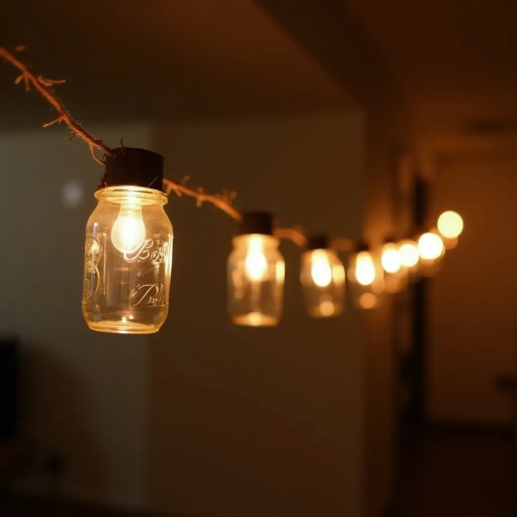 a photo of DIY string lights made from mason jars hanging in a basement