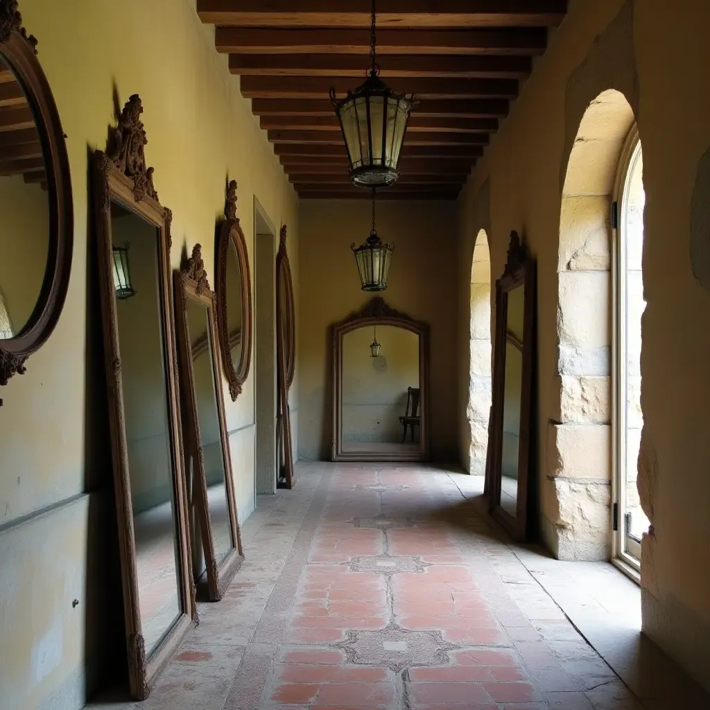 a photo of a rustic hallway with a collection of vintage mirrors