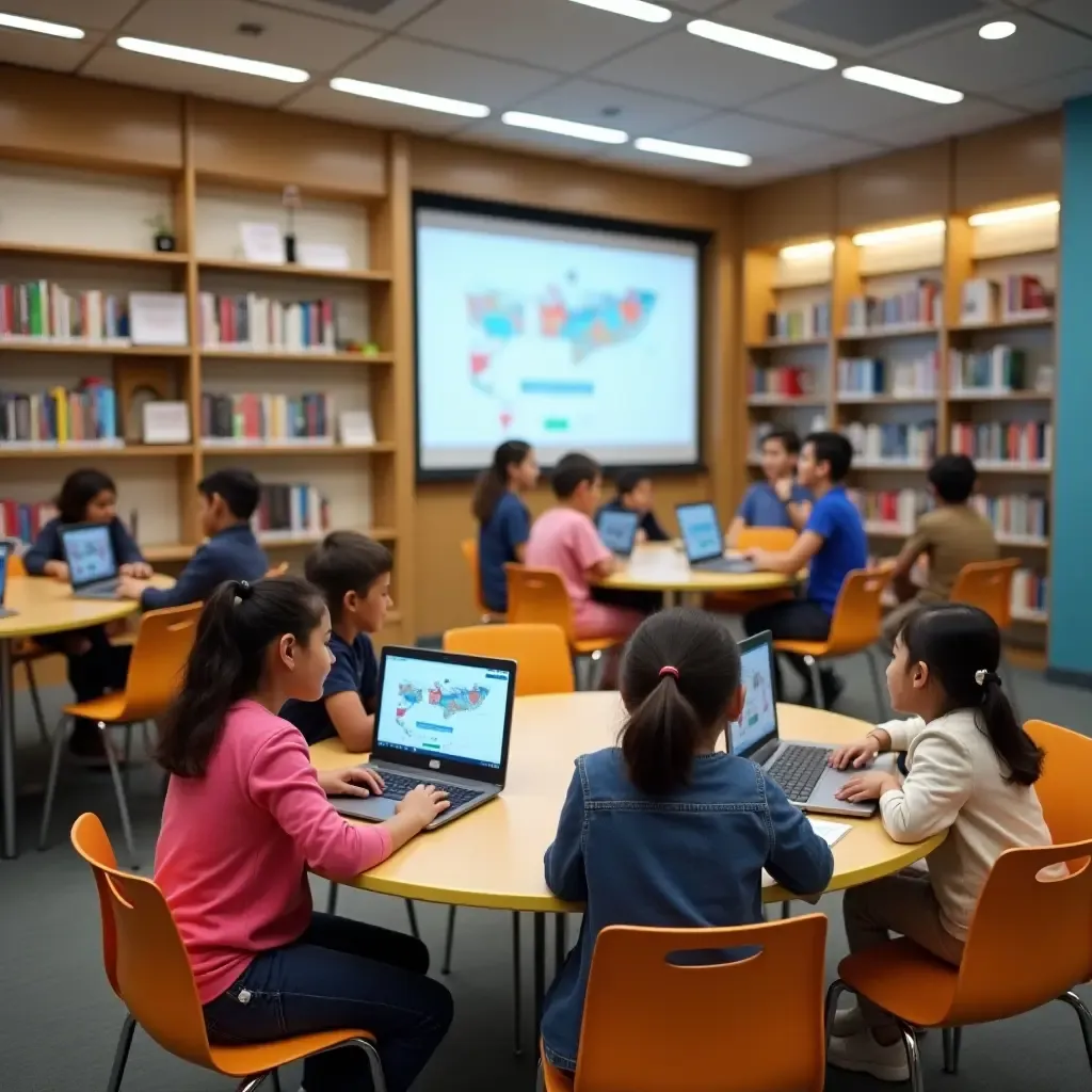 a photo of a library with interactive technology stations for learning