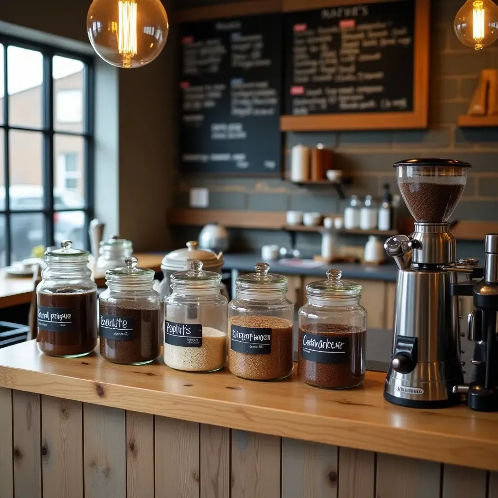 a photo of an organized coffee station with labeled jars and a chalkboard menu