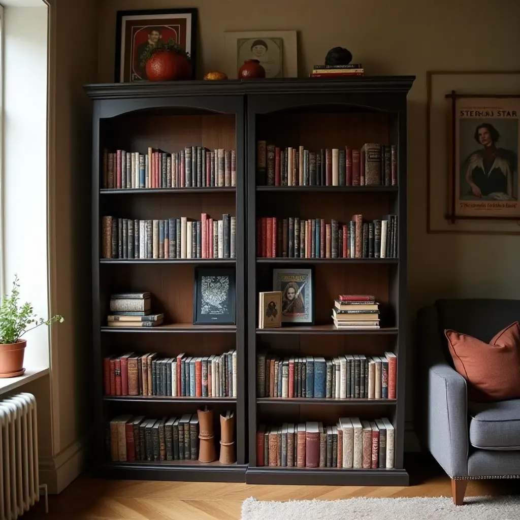 a photo of a themed bookshelf inspired by a favorite movie or book series