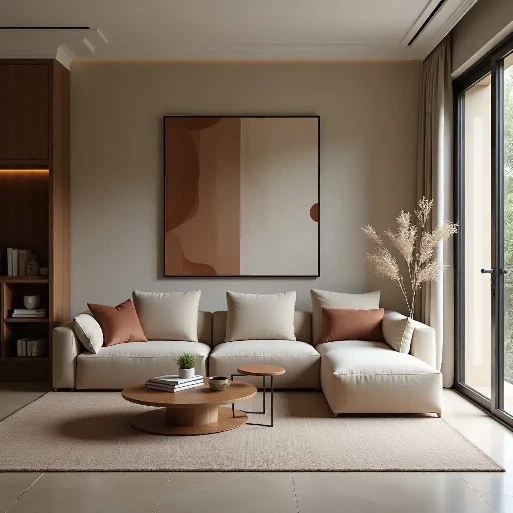 a photo of a minimalist living room featuring velvet textures, wooden decor, and leather finishes