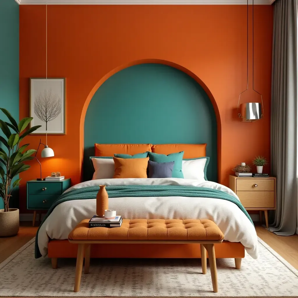 a photo of a lively orange and teal bedroom with artistic flair