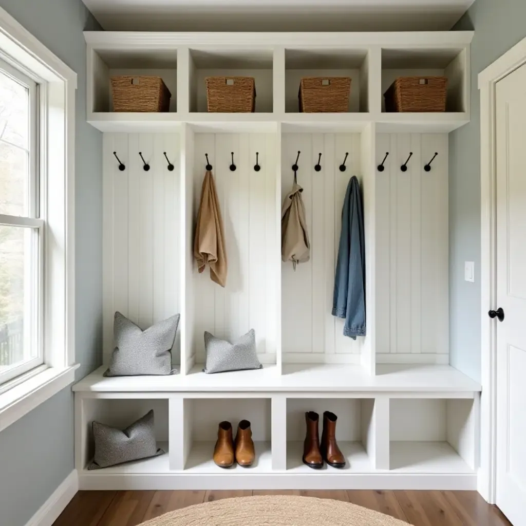 a photo of a functional mudroom with hooks and cubbies