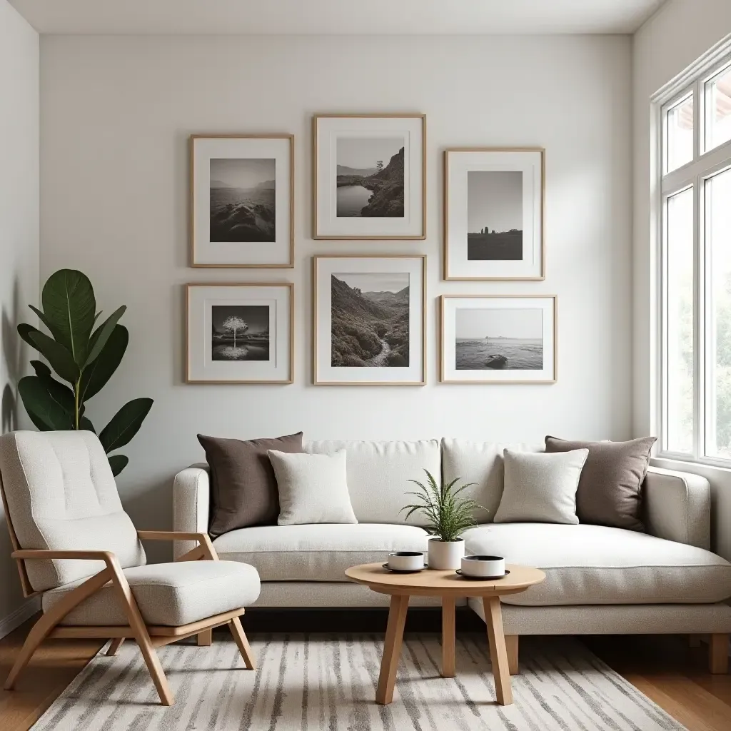 a photo of a small living room showcasing a gallery wall of framed photos and artwork