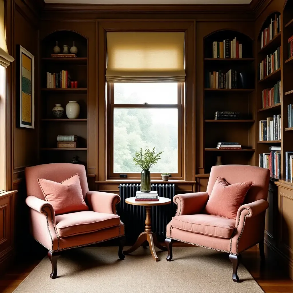 a photo of a cozy reading nook featuring colonial armchairs and a vintage bookshelf