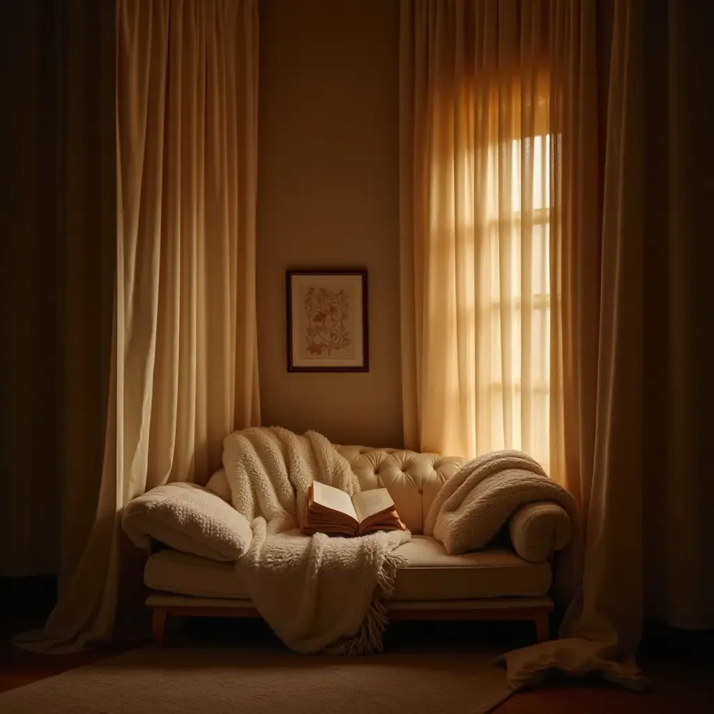 a photo of a cozy reading nook with soft blankets and warm lighting