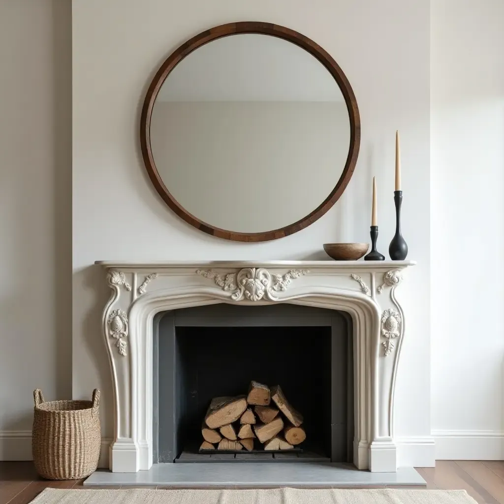 a photo of a fireplace surround featuring a large, round mirror