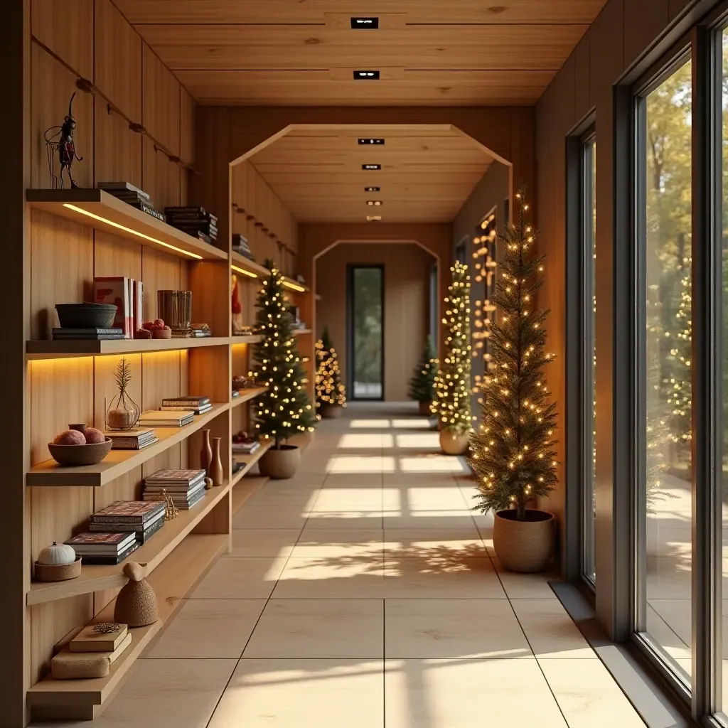 a photo of a corridor shelving adorned with seasonal decorations