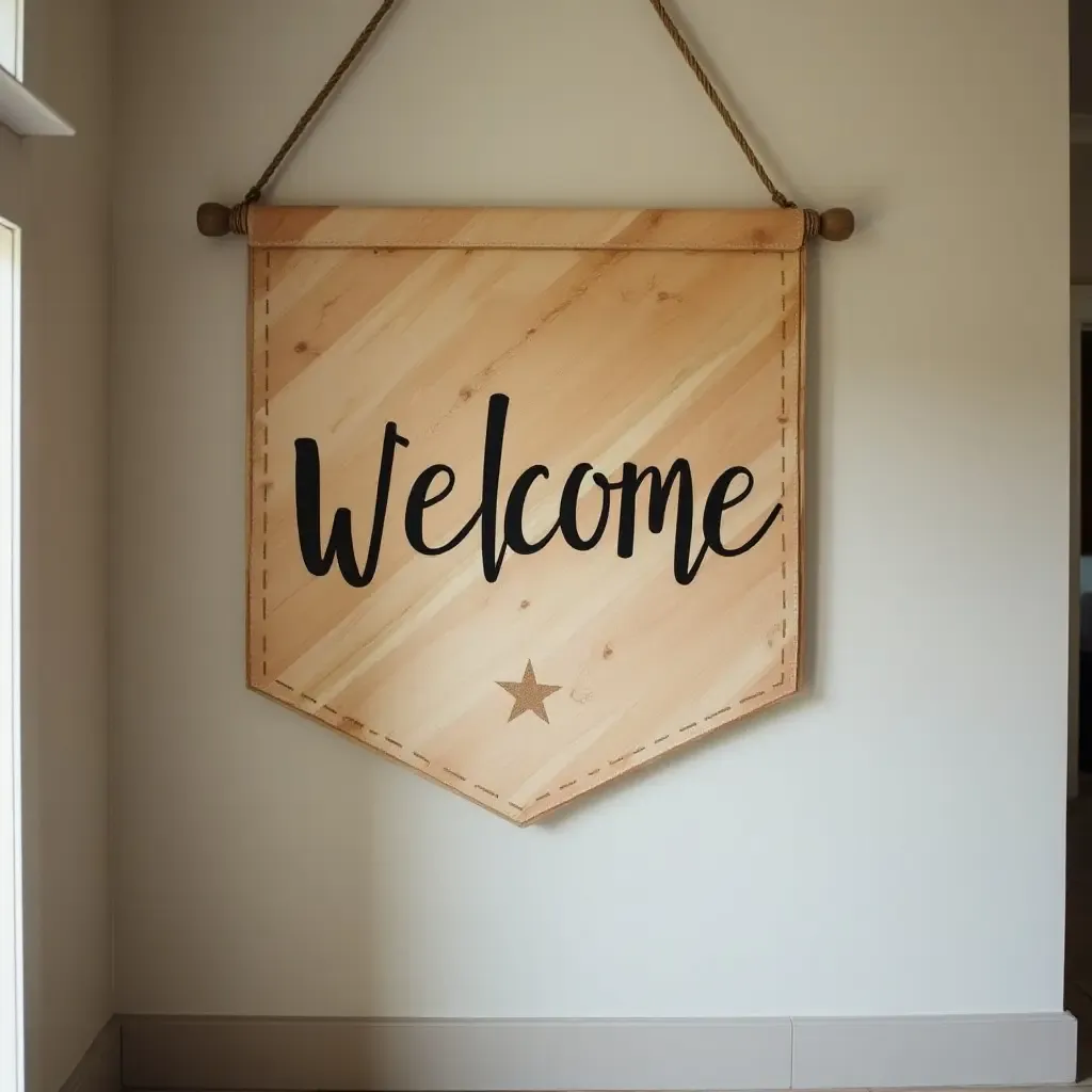 a photo of a wooden welcome banner hanging in the hall