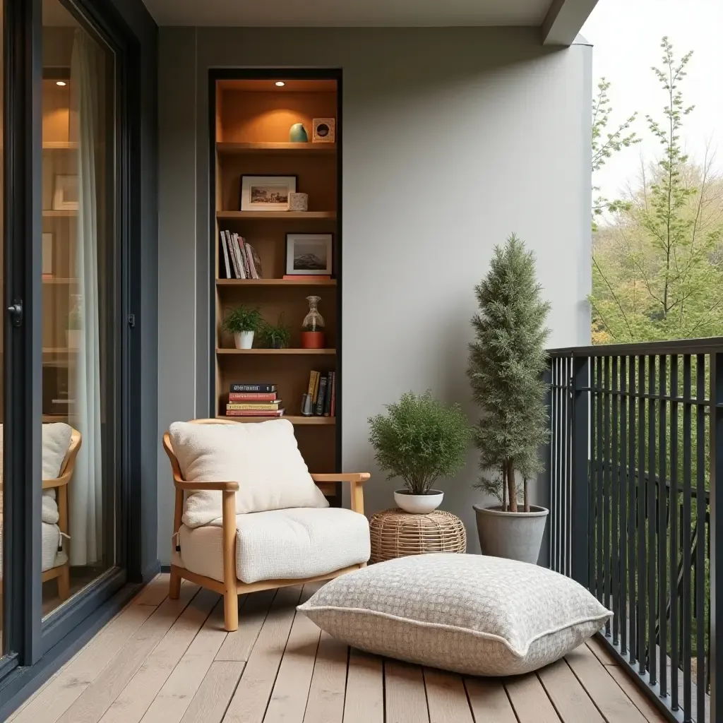 a photo of a cozy balcony with a small bookshelf and floor cushions