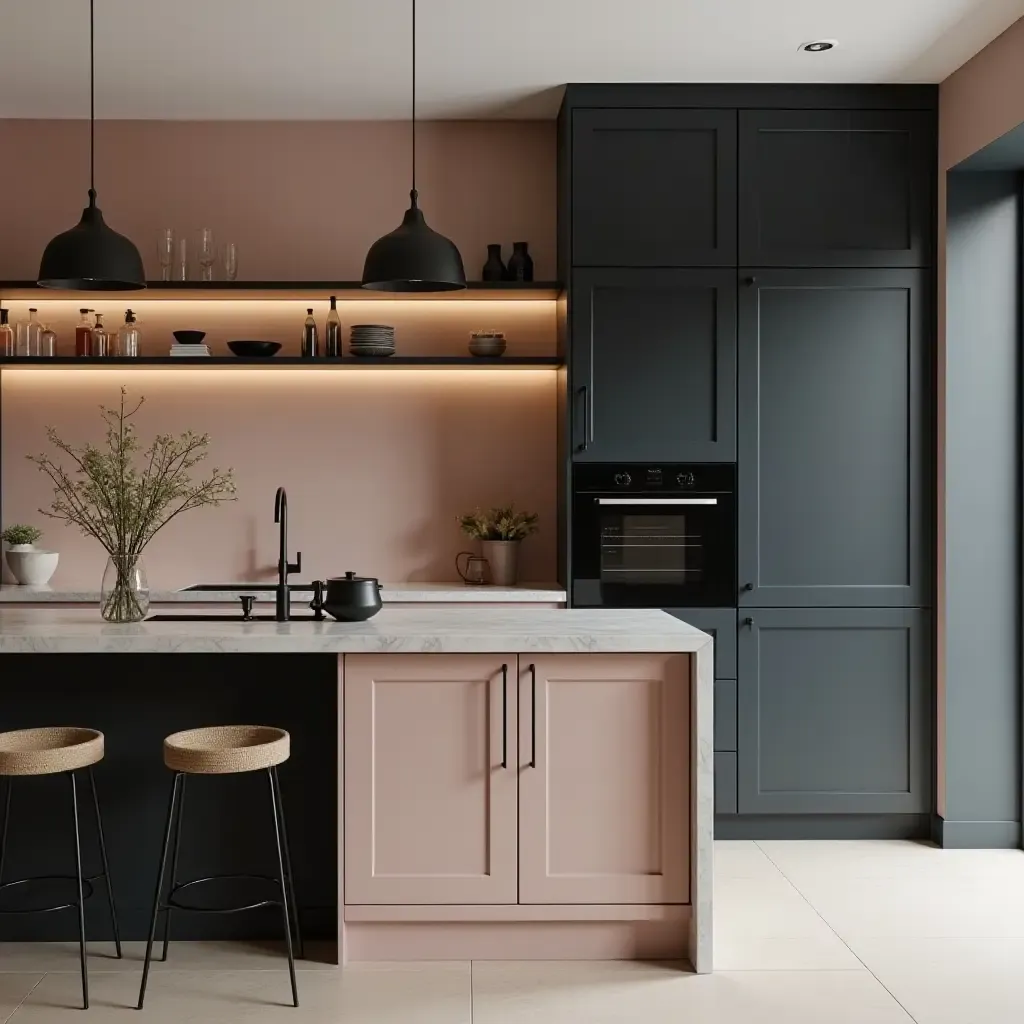 a photo of a chic charcoal and blush kitchen with elegant details