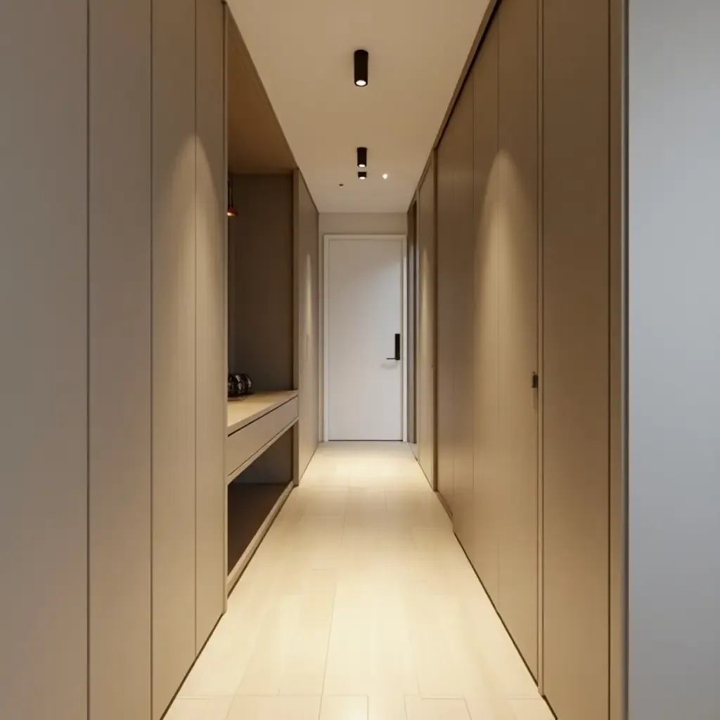 a photo of a minimalist corridor with hidden storage compartments