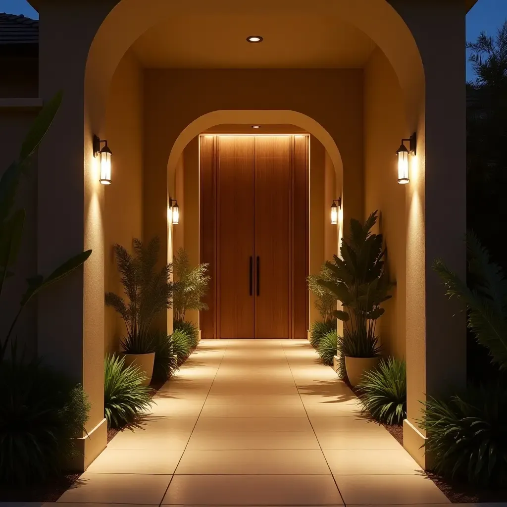 a photo of an inviting entrance with ambient lighting