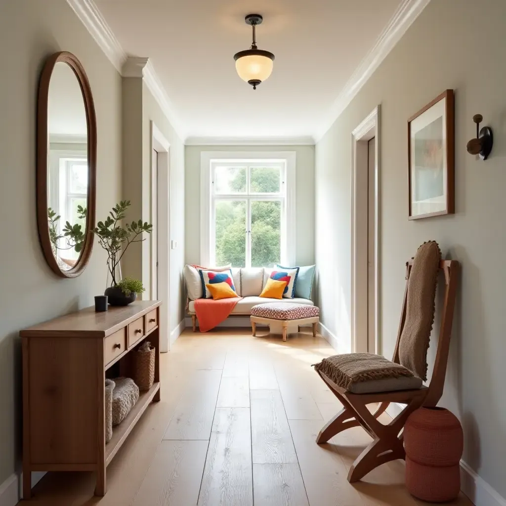 a photo of a welcoming corridor with colorful cushions and a wooden console table