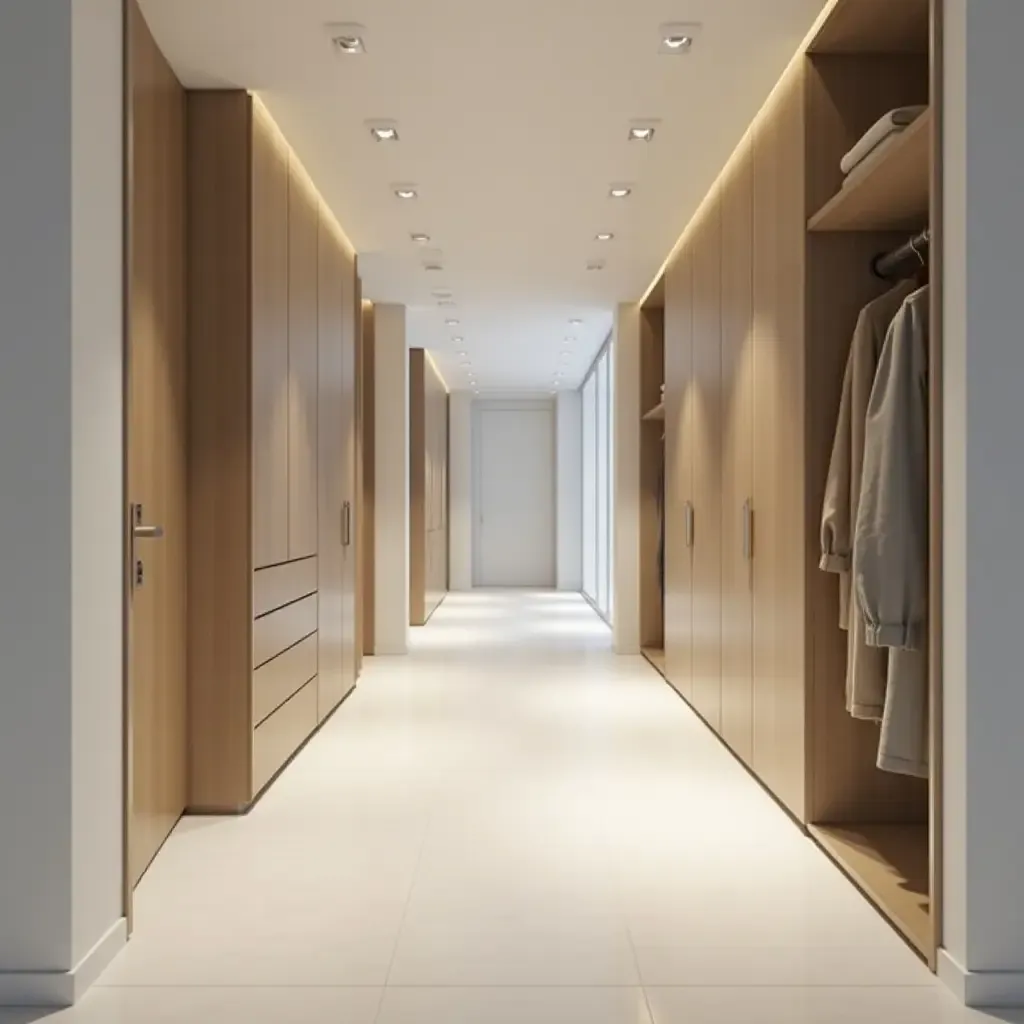 a photo of a minimalist corridor with sleek storage solutions