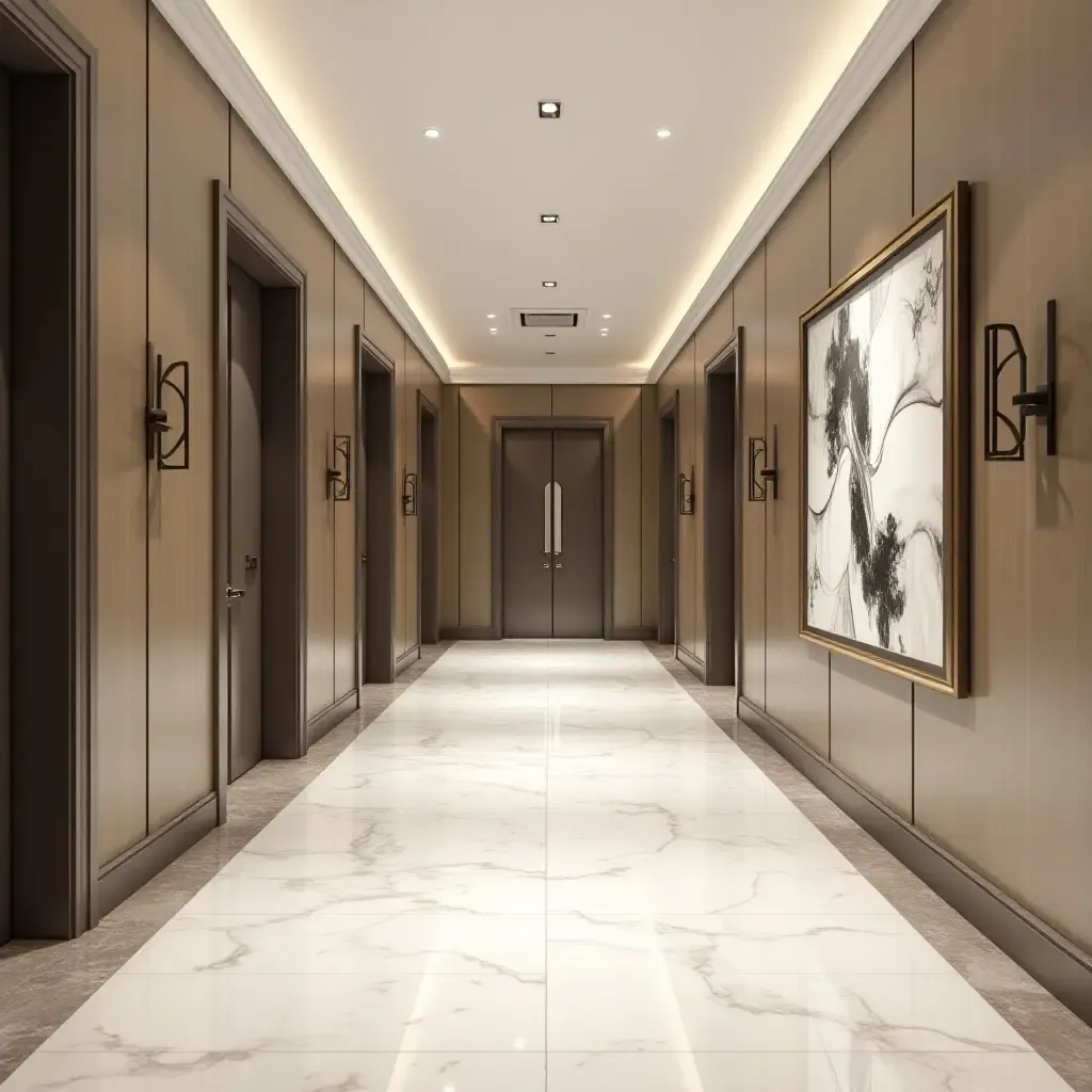 a photo of a stylish corridor with marble flooring and contemporary wall art