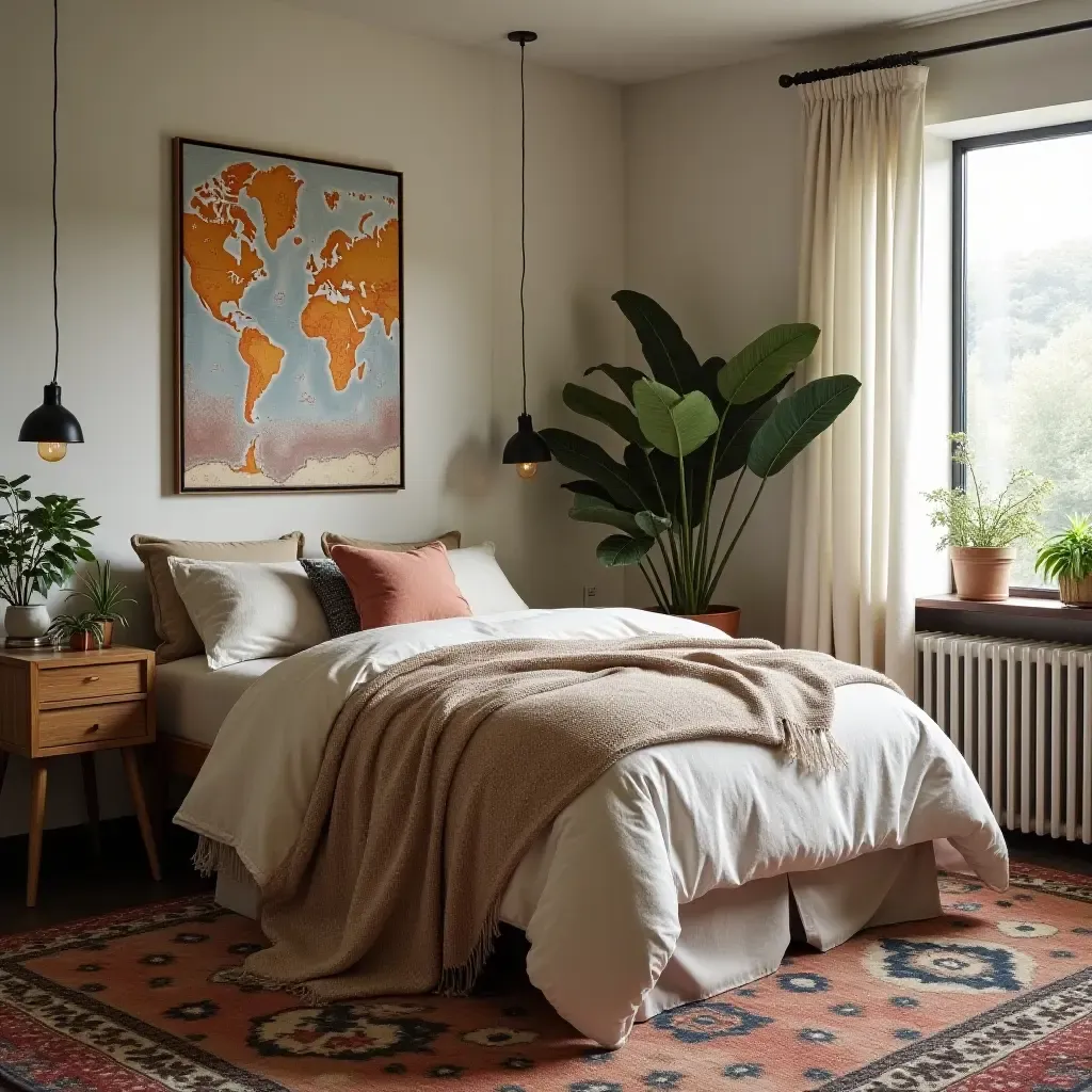 a photo of a bohemian 8x8 bedroom with layered textiles and plants