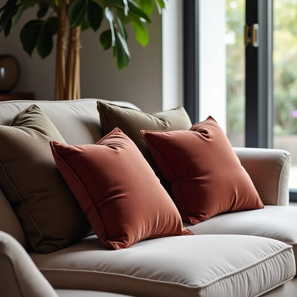 a photo of a chic living room with luxurious velvet throw pillows on a stylish sofa