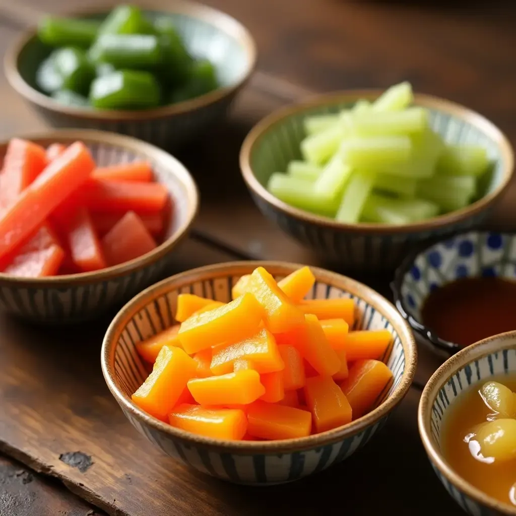 a photo of colorful Japanese pickles arranged in small bowls on a wooden table.