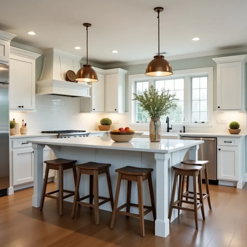 a photo of a kitchen with a cozy breakfast bar and farmhouse-style stools