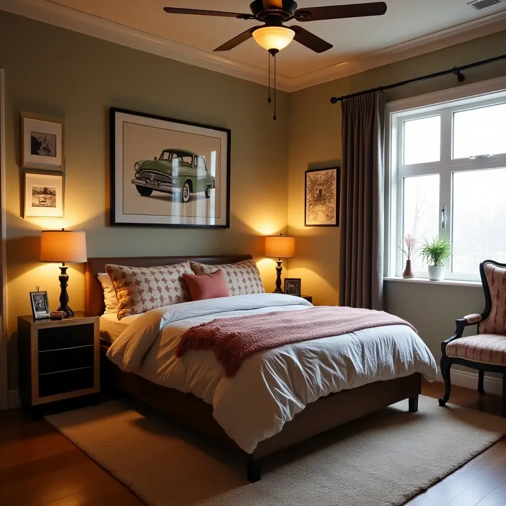 a photo of a vintage car-themed bedroom with retro decor elements