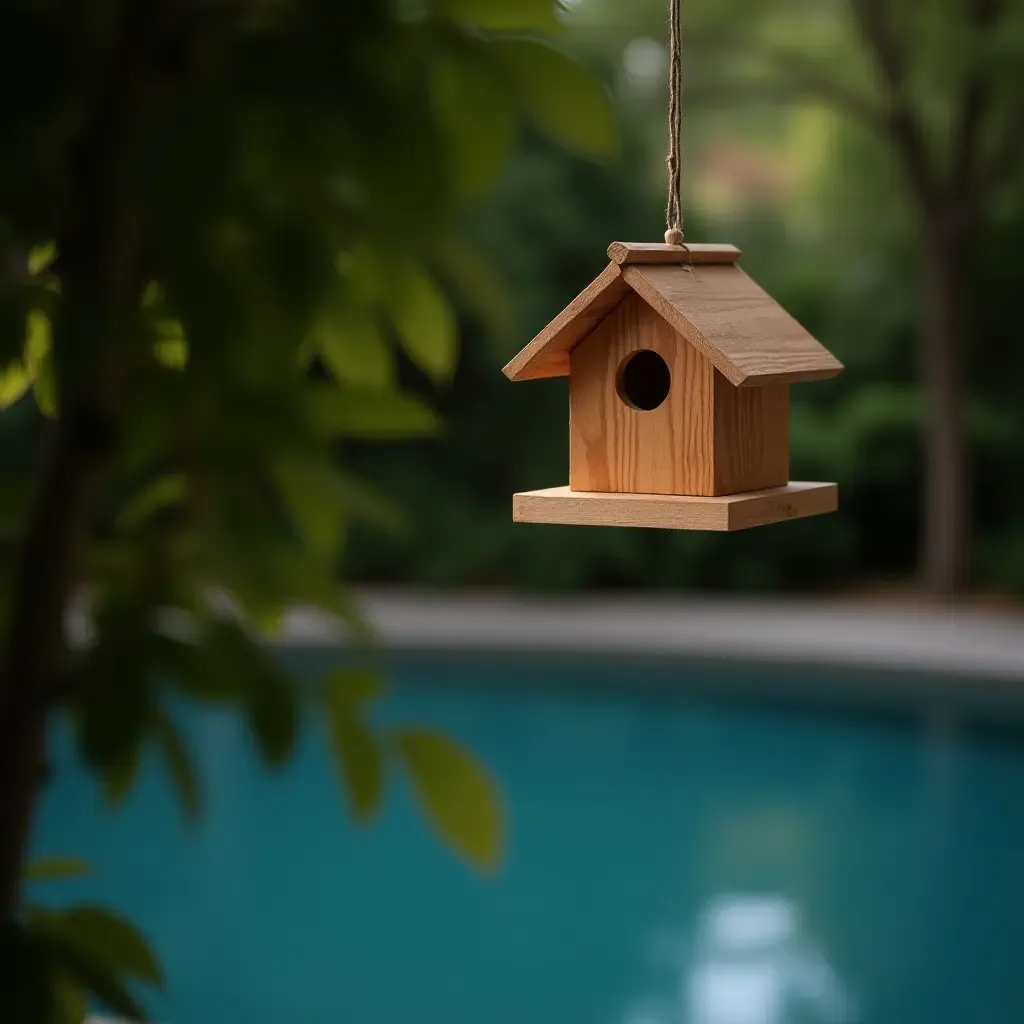 a photo of a wooden birdhouse hanging near the pool area