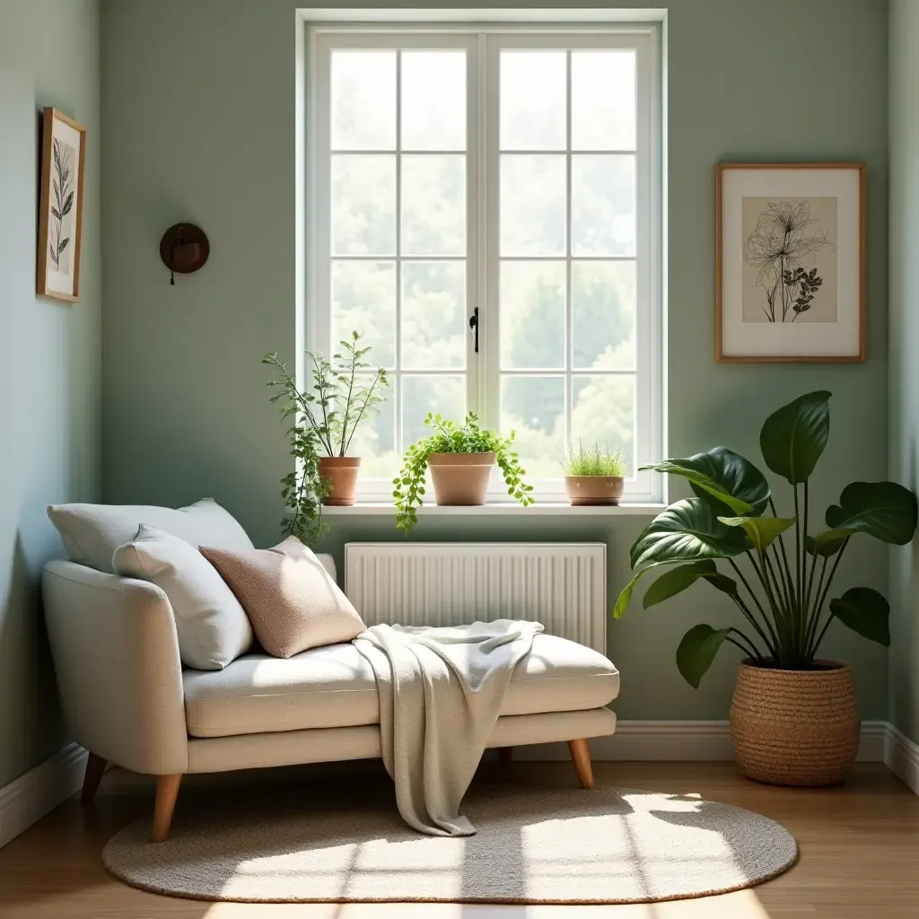 a photo of a reading nook with a calming color palette and plants