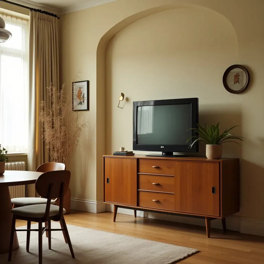 a photo of a vintage dining room featuring a retro TV cabinet