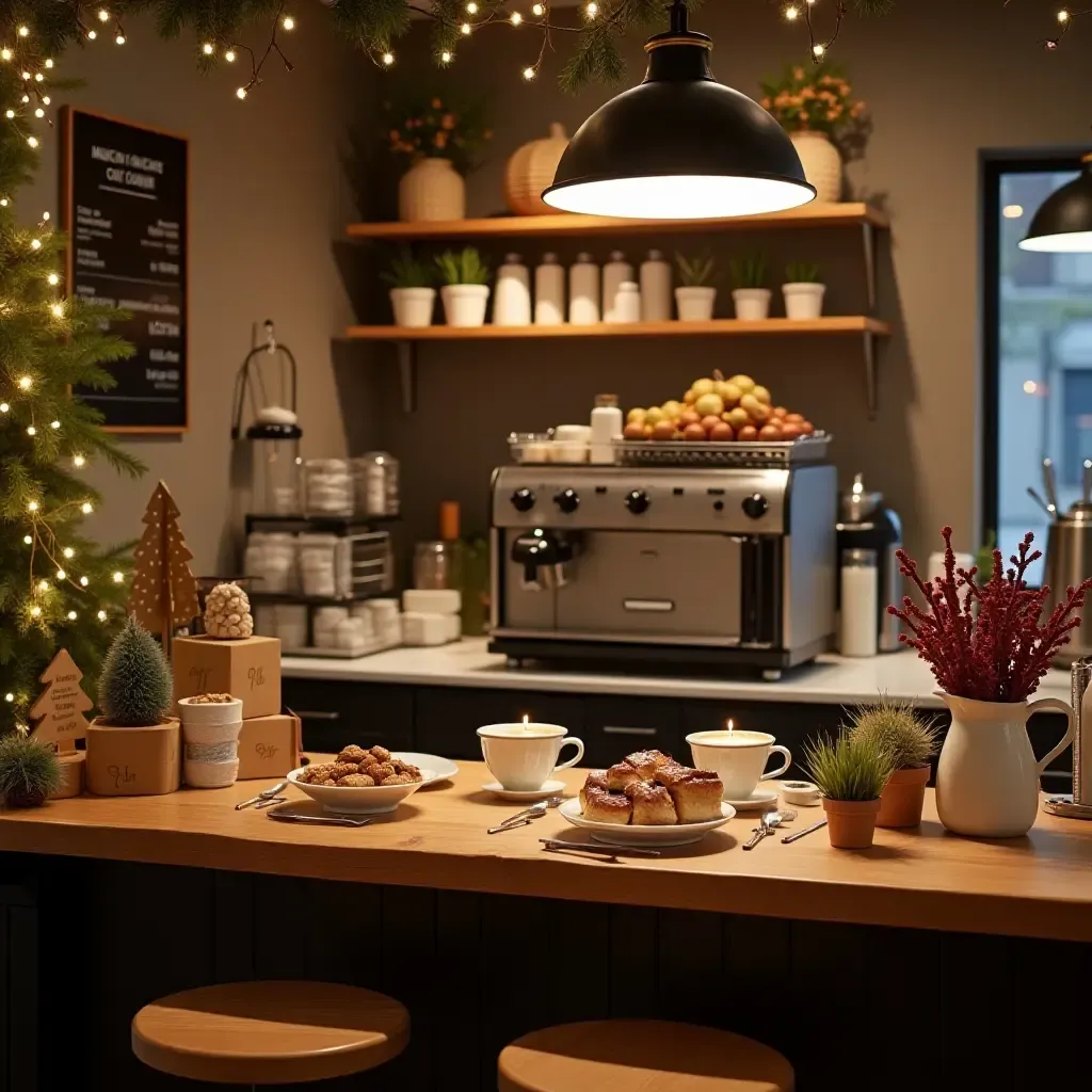 a photo of a coffee station with a seasonal theme and festive decorations