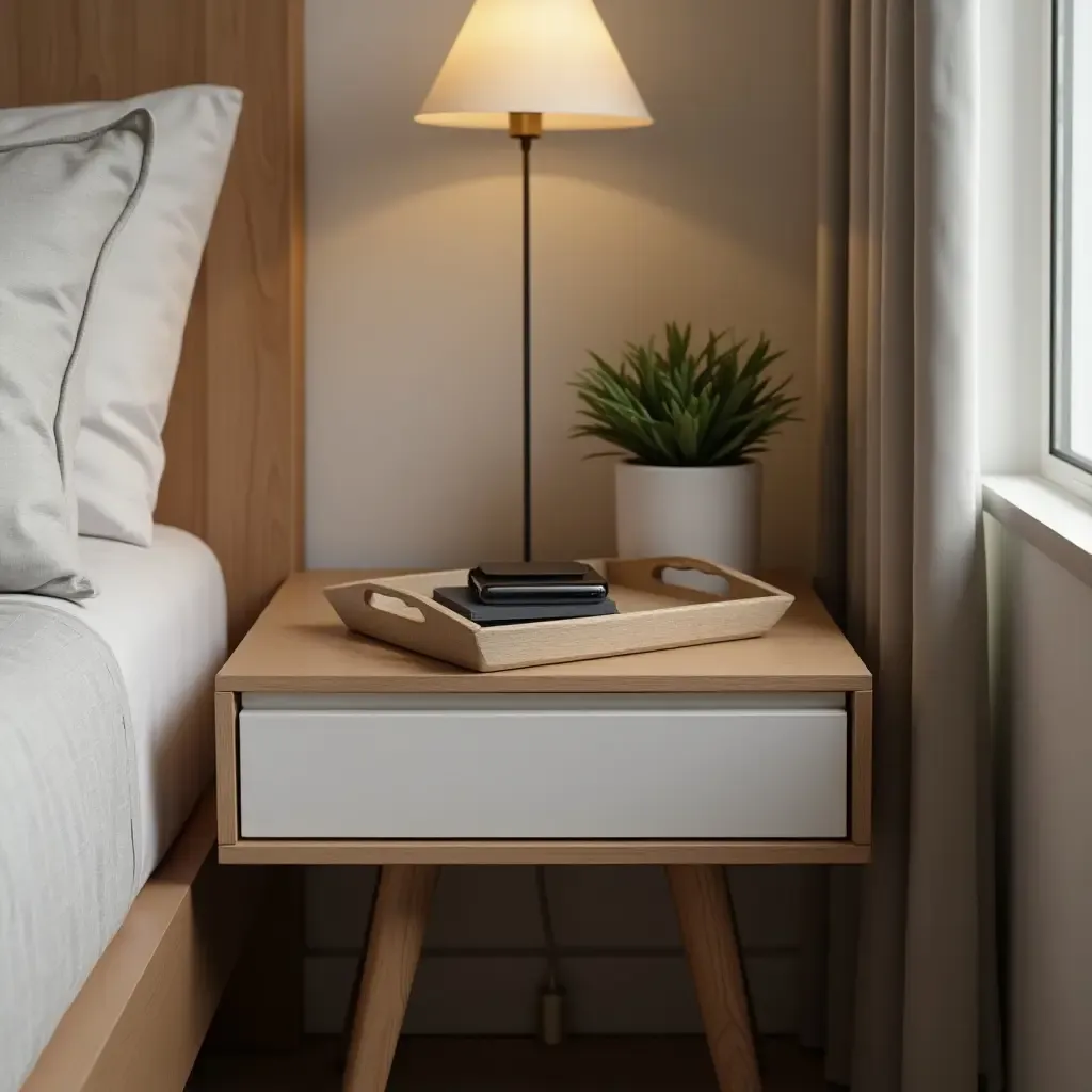 a photo of a modern nightstand with a wireless charger and decorative tray