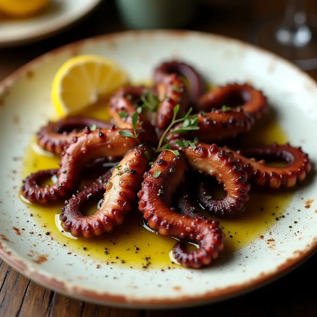 a photo of grilled octopus with lemon and olive oil on a rustic Greek plate